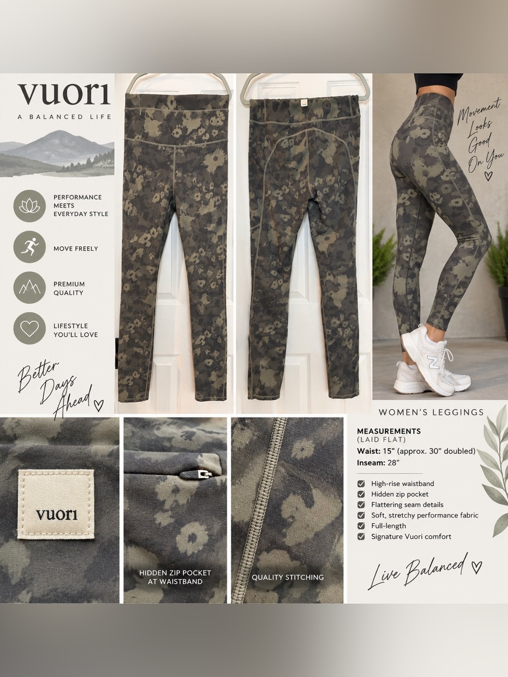 Vuori Women's Floral Camo High Rise Leggings Olive Green 28" Inseam